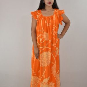 Yellow Cotton Maxi Nighty Square Neck Short Sleeves with pleats