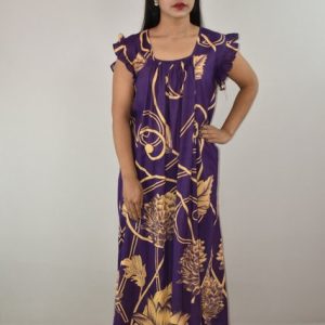 Purple Cotton Maxi Nighty Square Neck Short Sleeves with pleats