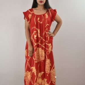 Red Cotton Maxi Nighty Square Neck Short Sleeves with pleats