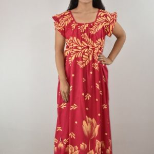 Pink Cotton Maxi Nighty Square Neck Short Sleeves with pleats