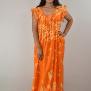 Yellow Cotton Maxi Nighty Square Neck Short Sleeves with pleats