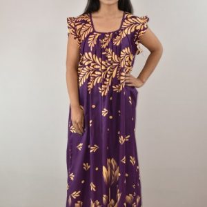 Purple Cotton Maxi Nighty Square Neck Short Sleeves with pleats