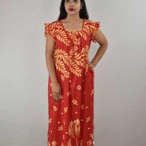 Red Cotton Maxi Nighty Square Neck Short Sleeves with pleats
