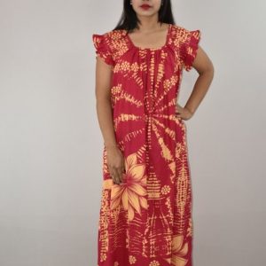 Pink Cotton Maxi Nighty Square Neck Short Sleeves with pleats
