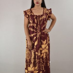 Maroon Cotton Maxi Nighty Square Neck Short Sleeves with pleats