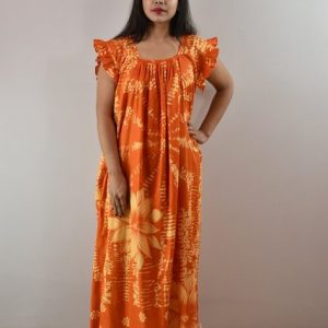 Yellow Cotton Maxi Nighty Square Neck Short Sleeves with pleats