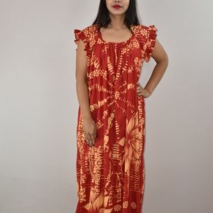 Red Cotton Maxi Nighty Square Neck Short Sleeves with pleats