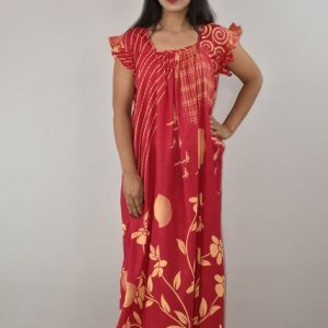 Pink Cotton Maxi Nighty Square Neck Short Sleeves with pleats