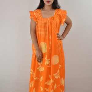 Yellow Cotton Maxi Nighty Square Neck Short Sleeves with pleats