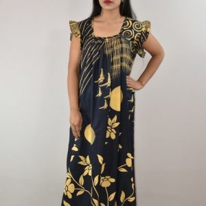 Blue Cotton Maxi Nighty Square Neck Short Sleeves with pleats