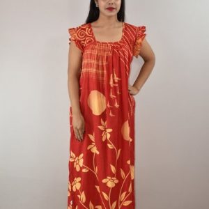 Red Cotton Maxi Nighty Square Neck Short Sleeves with pleats