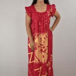 Pink Cotton Maxi Nighty Square Neck Short Sleeves with pleats