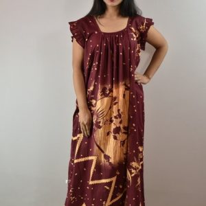 Maroon Cotton Maxi Nighty Square Neck Short Sleeves with pleats