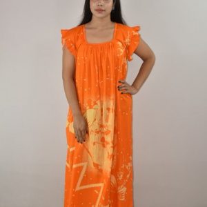 Yellow Cotton Maxi Nighty Square Neck Short Sleeves with pleats