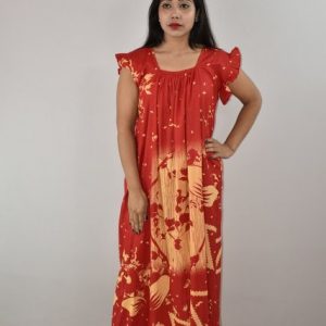 Red Cotton Maxi Nighty Square Neck Short Sleeves with pleats