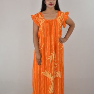 Yellow Cotton Maxi Nighty Square Neck Short Sleeves with pleats