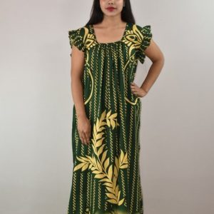 Green Cotton Maxi Nighty Square Neck Short Sleeves with pleats