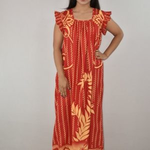 Red Cotton Maxi Nighty Square Neck Short Sleeves with pleats