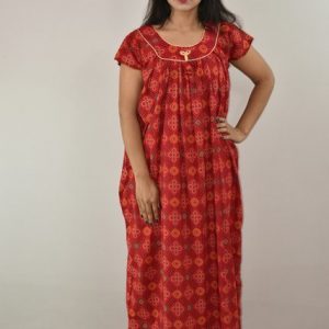 Red Gujri Maxi Nighty Round Neck With Pipien