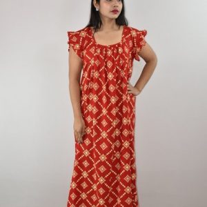 Red Cotton Maxi Nighty Square Neck Short Sleeves with pleats