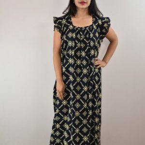 Black Cotton Maxi Nighty Square Neck Short Sleeves with pleats