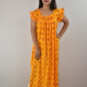 Yellow Cotton Maxi Nighty Square Neck Short Sleeves with pleats