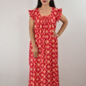 Pink Cotton Maxi Nighty Square Neck Short Sleeves with pleats