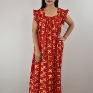 Red Cotton Maxi Nighty Square Neck Short Sleeves with pleats