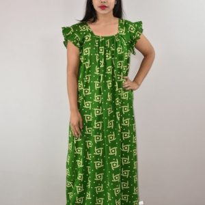 Green Cotton Maxi Nighty Square Neck Short Sleeves with pleats