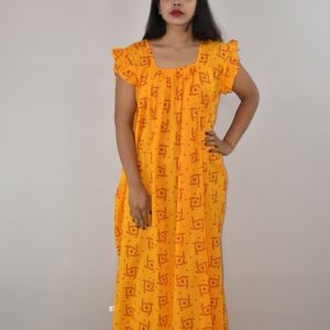 Yellow Cotton Maxi Nighty Square Neck Short Sleeves with pleats