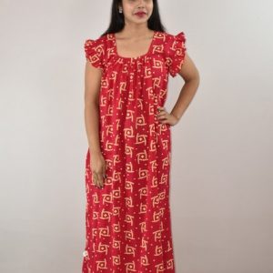 Pink Cotton Maxi Nighty Square Neck Short Sleeves with pleats