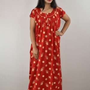 Red Cotton Maxi Nighty Round Neck Short Sleeves with Pipien