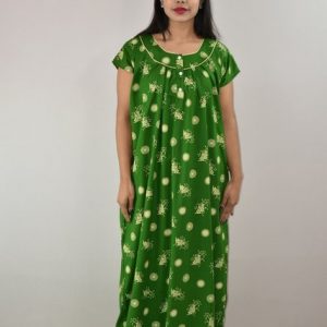Green Cotton Maxi Nighty Round Neck Short Sleeves with Pipien