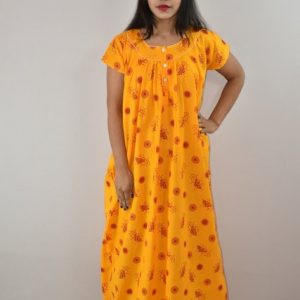 Yellow Cotton Maxi Nighty Round Neck Short Sleeves with Pipien