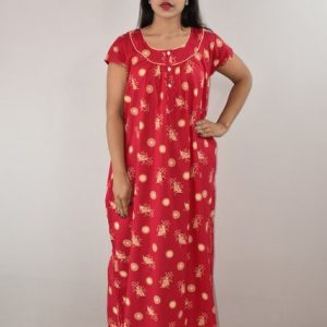 Pink Cotton Maxi Nighty Round Neck Short Sleeves with Pipien