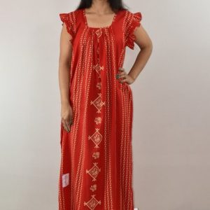Red Cotton Maxi Nighty Square Neck Short Sleeves with pleats