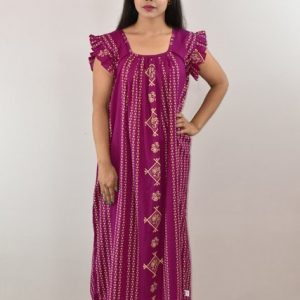 Purple Cotton Maxi Nighty Square Neck Short Sleeves with pleats