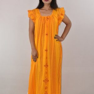 Yellow Cotton Maxi Nighty Square Neck Short Sleeves with pleats