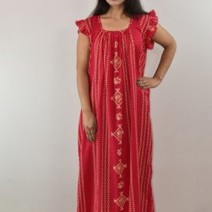 Pink Cotton Maxi Nighty Square Neck Short Sleeves with pleats