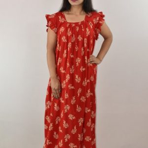 Red Cotton Maxi Nighty Square Neck Short Sleeves with pleats