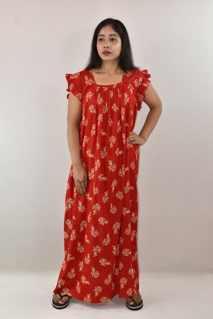 Red Cotton Maxi Nighty Square Neck Short Sleeves with pleats