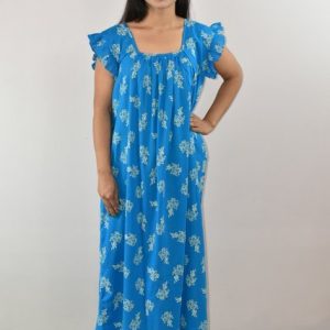 Blue Cotton Maxi Nighty Square Neck Short Sleeves with pleats