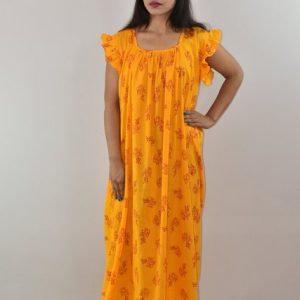 Yellow Cotton Maxi Nighty Square Neck Short Sleeves with pleats