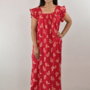 Pink Cotton Maxi Nighty Square Neck Short Sleeves with pleats