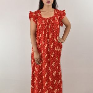 Red Cotton Maxi Nighty Square Neck Short Sleeves with pleats