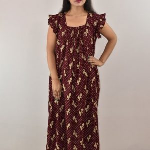 Maroon Cotton Maxi Nighty Square Neck Short Sleeves with pleats