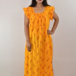 Yellow Cotton Maxi Nighty Square Neck Short Sleeves with pleats