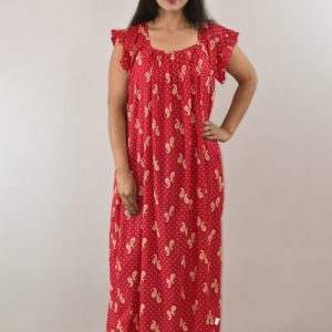 Pink Cotton Maxi Nighty Square Neck Short Sleeves with pleats