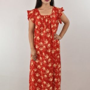Red Cotton Maxi Nighty Square Neck Short Sleeves with pleats