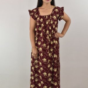 Maroon Cotton Maxi Nighty Square Neck Short Sleeves with pleats